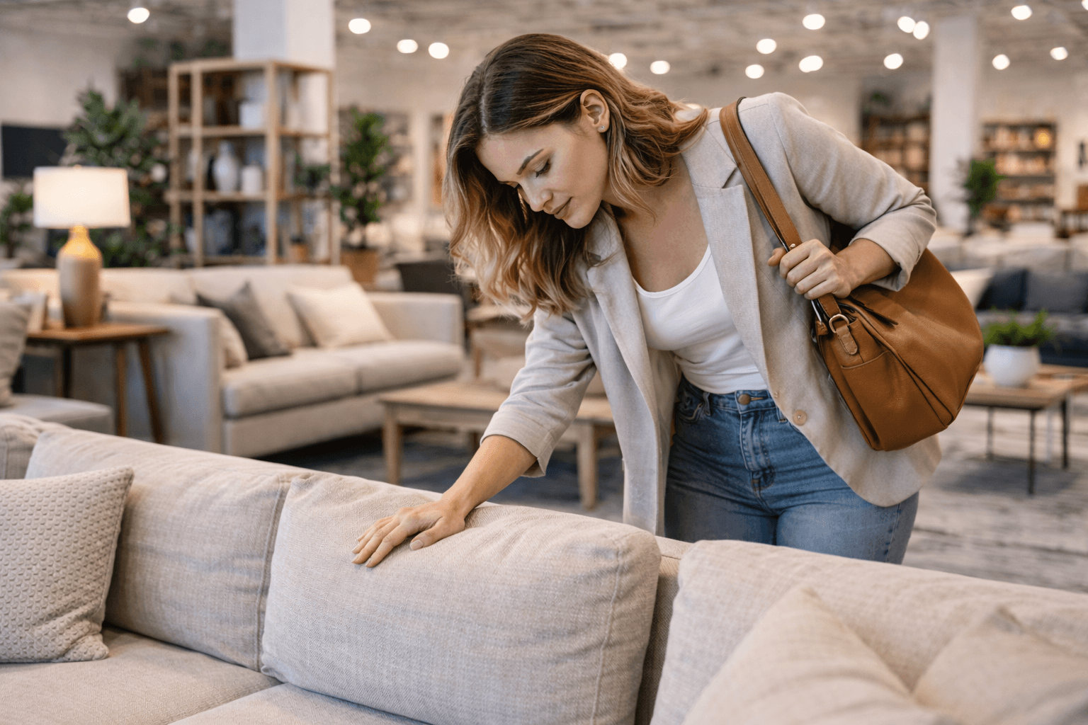 woman leaning down examining sofa in a furniture store
